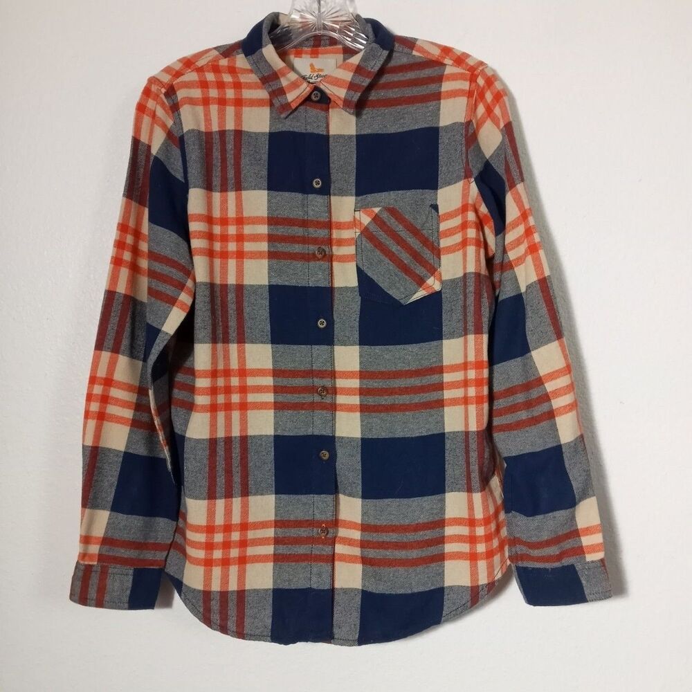 Vintage Field & Stream Y2K Plaid Flannel Shirt S M Orange Blue Button Front
